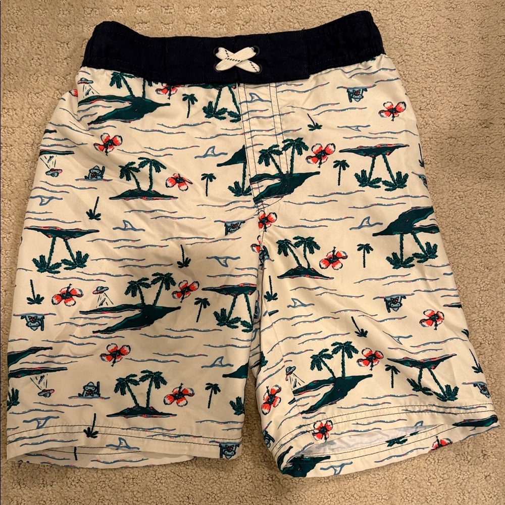 Cat & Jack Boys White Swim Trunks with Teal Palm Print Sz 8/10